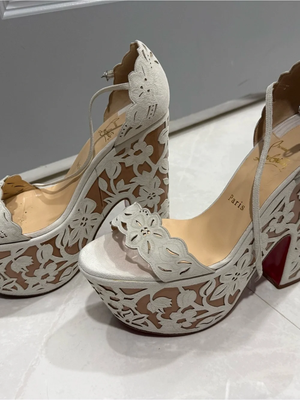 Christian Louboutin White Floral Cutout Platform Sandals